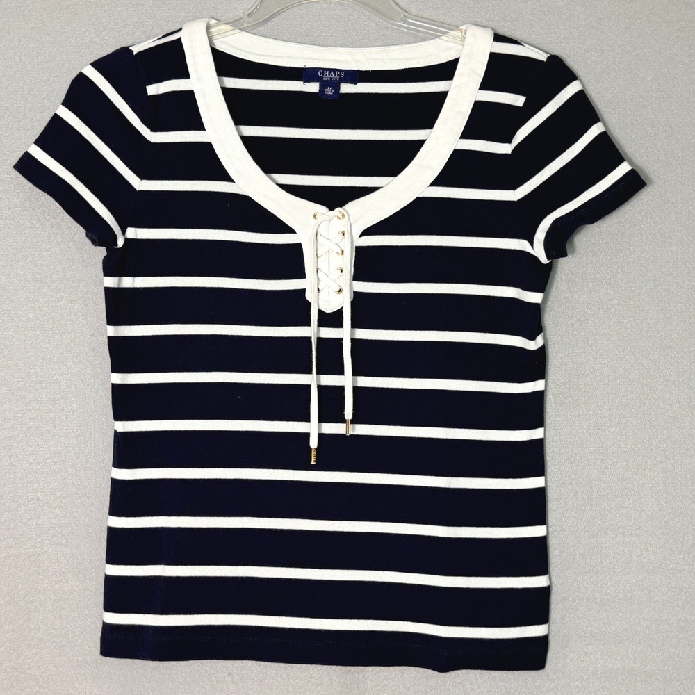 Chaps Lace Up Striped T-Shirt‎ Womens Size M Navy White Nautical Cotton Preppy